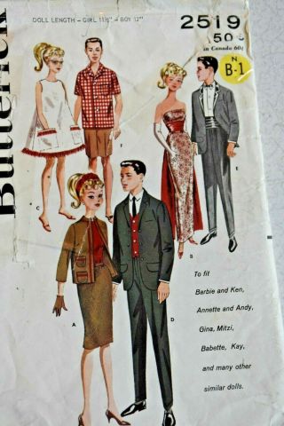 Vintage Butterick 11.  5 " Fashion Doll Clothes 2519 Pattern 12 " Boy Tuxedo Gown
