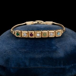 Antique Vintage Art Deco Retro 14k Gold Diamond Ruby Emerald Aquamarine Bracelet