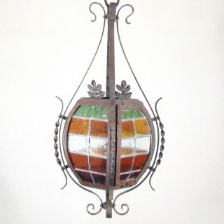 Antique French Wrought Iron Chandelier Lantern Green Orange Color Stained Glass