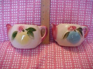 Vintage Mccoy Wall Pockets Teapots 1 Blue & 1 Yellow Both With Rose Trim