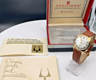 Vintage Bulova Accutron 10k Gold Plated Box Papers Battery