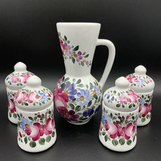 Vtg Hungarian Folk Art Pottery Hand Painted Floral Tea Pitcher Set Signed Áhel