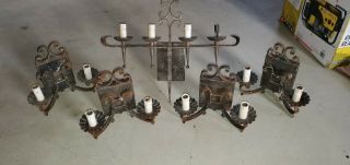 Rare Set Of 5 Vintage Metal Wall Sconce Candle Lights Electric Antique