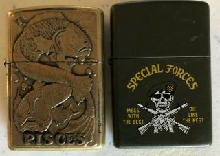 2 Zippo Lighters Vintage Pisces Special Forces.  Plates Moved From Another Zippo