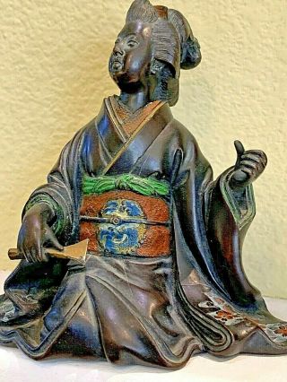 Antique Japanese Bronze Statue Of A Geisha.  Great Detail.  4.  5 " H&w,  3.  25 " Deep.