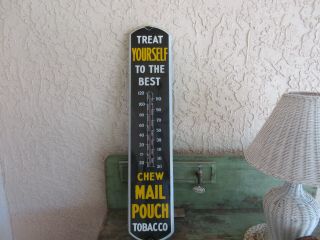 Vintage Antique Chew Mail Pouch Tobacco Porcelain Thermometer
