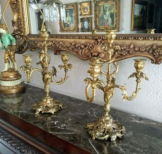 Antique French Gold Gilt Heavy Ornate 4 Arm Candelabras Candlestick Holders