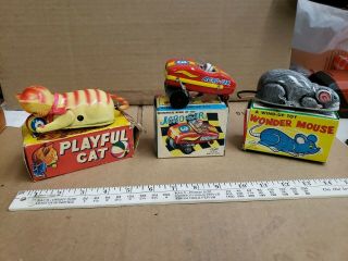 Vintage Tin Wind Up Toys 3 Total.  Japan Playful Cat,  Acro - Car,  Wonder Mouse.
