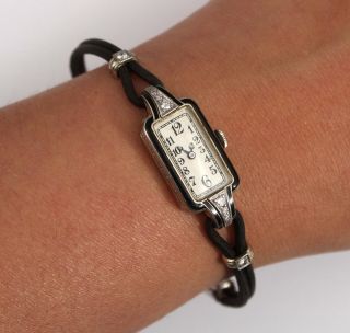 Antique Ladies Art Deco Huguenin 17 Jewel,  18kt Gold Enamel Diamond Wristwatch