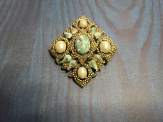 Large Vintage Signed Sarah Coventry Faux Turquoise & Pearl Brooch