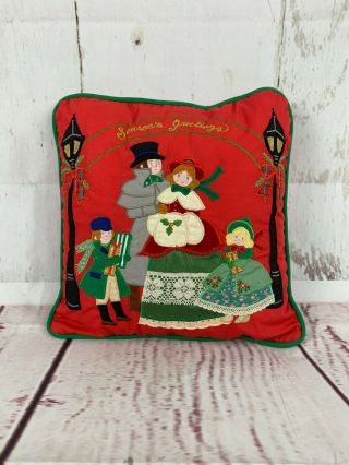 Vintage House Of Hatten Seasons Greetings Christmas Carolers Pillow 11 " Red