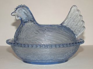 Vintage 70s / 80s Pastel Blue Hen On Nest Candy Dish Indiana Glass Box