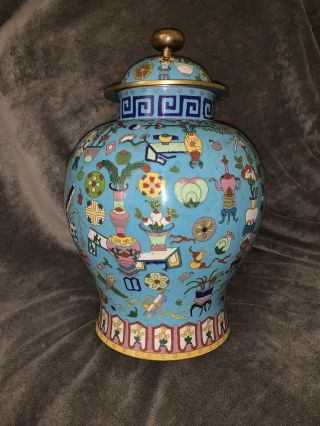 Antique Chinese Guangxu Turquoise Cloisonne Vase with Precious Objects Motif 2