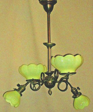 Antique Combo Gas & Electric Light Fixture Lamp Chandelier Vaseline Glass Shades