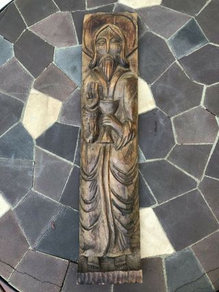 Antique Vintage Estate 20” Carved Wood Figural Jesus Wall Plaque Art Piece