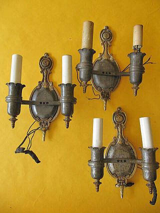 Vintage Spanish Revival Tudor Gothic Solid Brass Set Of 3 Double Socket Sconces