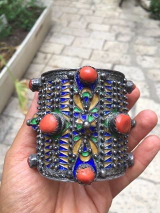 Antique Berber Kabyle Silver Coral Enamel Cuff Bracelet Ethnic Jewelry Bangle