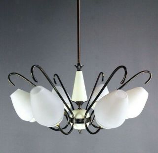 Vintage Mid Century Italian 6 Lights Chandelier.  Cased White Glass And Brass.