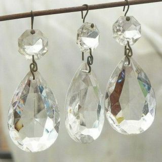 6 Vintage Clear Glass Teardrop Prisms Crystals - 2 1/4 " Drop & 1 1/2 " Teardrop