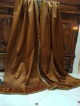 French Antique Drapes Panels Lined Curtains W Cut Velvet Trim 9 
