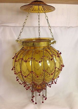 Hundi Lantern Hanging Lamp Antique Brass Beaded Amber Pumpkin Glass Vintage 2