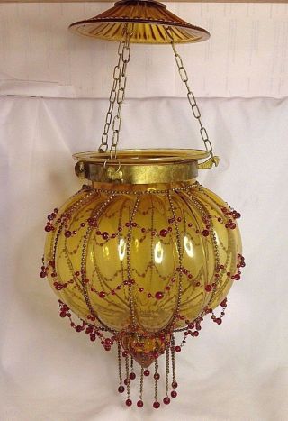 Hundi Lantern Hanging Lamp Antique Brass Beaded Amber Pumpkin Glass Vintage 3