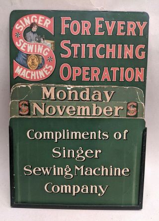 Antique Vtg 1890s - 1910 Singer Sewing Machine Tin Sign Perpetual Calendar Passaic