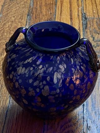 Vintage Glass Co Cobalt Blue Urn Style Art Glass Vase W/ Gold Accents 4.  75”