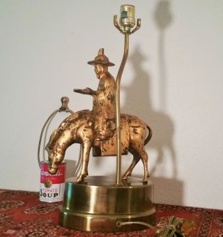 Antique Chinese bronze scholar horse table lamp vtg buddha mcm frederick cooper 2