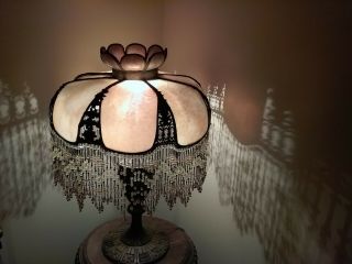Victorian Antique Caramel Glass Table Lamp With Beaded Fringe