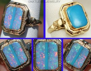 Antique Art Deco Opal & Rare Persian Turquoise Inlay 10k Gold Cocktail Flip Ring