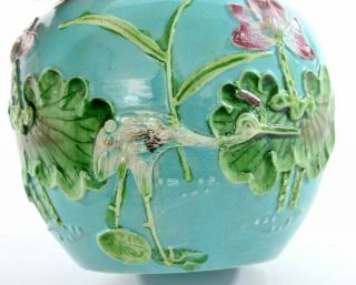 1930 ' s Chinese 2 Famille Rose Turquoise Porcelain Lily Crane Tea Caddy Vase Jar 2