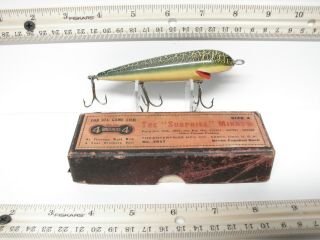Vintage Pflueger Surprise Minnow Green Cracked Back Maroon Box Four Brothers