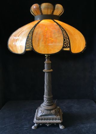 Antique Slag Glass Table Lamp Vtg Stained Mission Arts Craft Tiffany Style Shade