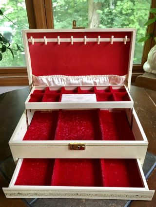 Vintage Jewelry Box 3 Tier Ivory And Red Velvet Gold Floral Mid Century Mele