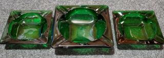 Set Of 3 Matching Vintage Dark Green Glass 6” (1) 4 " (2) Ashtrays