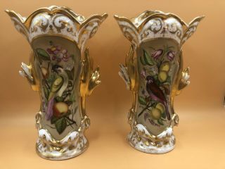 Antique French Vieux Paris Porcelain Hand Painted Bird & Flowers Vases