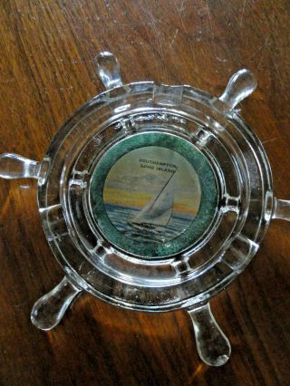 Vtg Glass Souvenir Ship Wheel Southampton Long Island Sailboat Ash Tray 60 