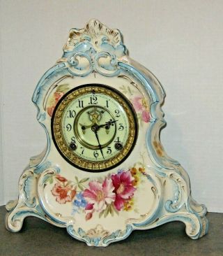 Antique Ansonia Royal Bonn Porcelain Mantle Chime Clock Open Escapement
