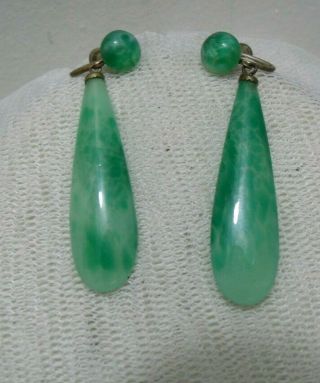 Vintage Antique Edwardian - Art Deco Green Peking Glass Drop Screw Back Earrings