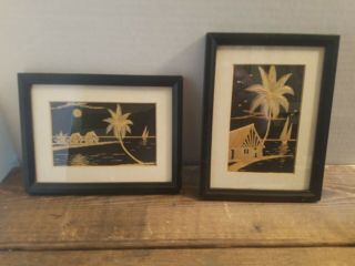 Vintage Asian Straw Bamboo Black Silk Framed Art Set of 2 Palm Tree Sea 5 x 7 2