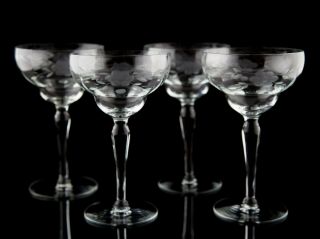 Vintage Gray Cut Floral Etch Champagne Sherbet Glasses Set Of 4 Elegant Stemware