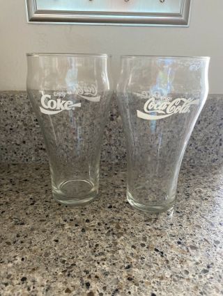 Two Vintage Enjoy Coke - Coca Cola Bell Shape Clear 16 Oz Glasses
