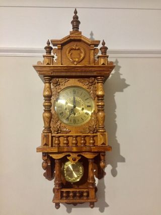 Vintage Large Carved Oak Cased Triple Chimes Wall Clock By Hermle
