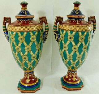 Large Pair Antique/vtg 18 " Signed Chinese Fleur De Lis Porcelain Urn Vases