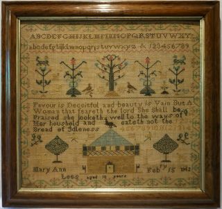 Mid 19th Century House,  Motif & Quotation Sampler By Mary Ann Lees Age 10 - 1842