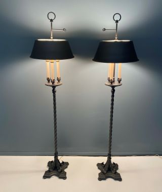 Pair Vintage French Tole Ware 60s Floor Lamps Black Metal Cottage Bouillotte