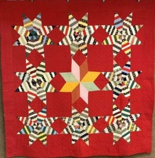 Antique Pa C 1890 - 1900 Touching Stars String Quilt Antique Red Cheddar Mennonite