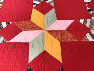 Antique PA c 1890 - 1900 Touching Stars String QUILT Antique Red Cheddar Mennonite 3