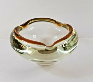 Vintage Heavy Round Brown Yellow Amber Ashtray Blown Art Glass Mid - Century Mod.